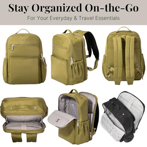Baggallini Tribeca Expandable Laptop Backpack - 15"x11" Lightweight RFID Computer Bag for Work & Travel with Luggage Sleeve - color: Sage Twill