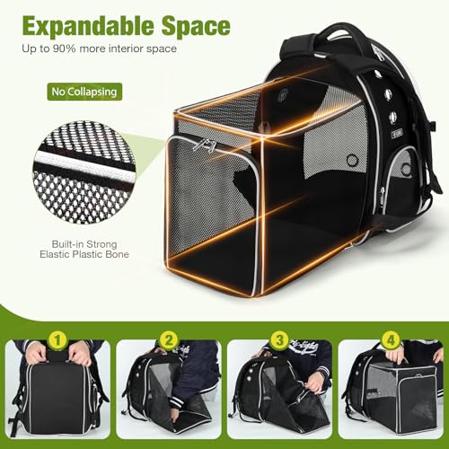 Lekereise Cat Backpack Carrier, Expandable Large Space Cat Bubble Backpack for Kitty Small Dog up to 18lbs, Transparent Pet Carrier for Travel, Hiking - color: Black