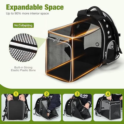 Lekereise Cat Backpack Carrier, Expandable Large Space Cat Bubble Backpack for Kitty Small Dog up to 18lbs, Transparent Pet Carrier for Travel, Hiking - color: Black