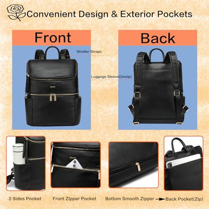 Leather Diaper Bag Backpack for Boy Girl Twins, Toddler Diaper Bag with Multiple Pockets, Cooler Compartment - color: Zeal Black