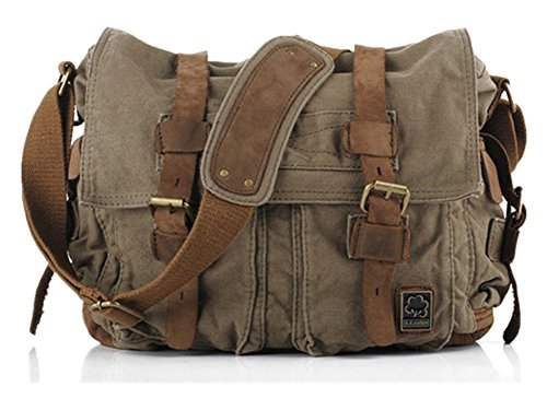 Sechunk Vintage Military Leather Canvas Laptop Bag Messenger Bags Medium - color: Army Green, size: small--13‘’