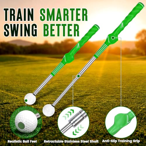 5-in-1 Golf Swing Trainer for Right-Handed Golfers with Click Feedback, Retractable Training Aid, Grip Trainer & Arm Band, Improve Tempo & Swing Path, Indoor Outdoor Practice - color: Green
