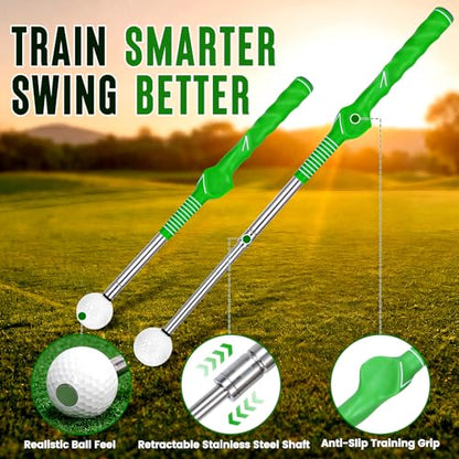 5-in-1 Golf Swing Trainer for Right-Handed Golfers with Click Feedback, Retractable Training Aid, Grip Trainer & Arm Band, Improve Tempo & Swing Path, Indoor Outdoor Practice - color: Green