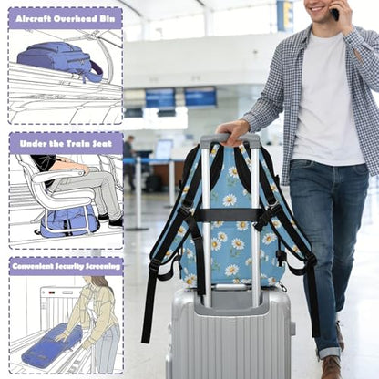 Travel Backpack with Shoe Compartment, 20L Large Capacity Laptop Backpack for Men Women, Daisies Blue Daypack for Traveling Hiking Carry On