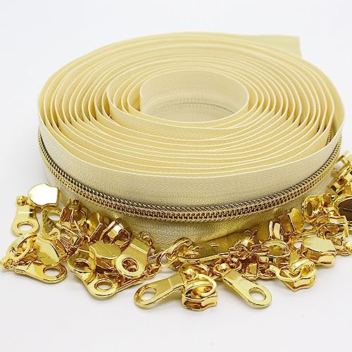 MebuZip #5 Gold Metallic Nylon Coil Zippers by The Yard Bulk Coil Zipper Roll 10 Yards with 25pcs Pulls for DIY Sewing Craft Bags (Beige) - color: Gold Beige