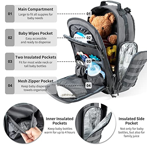 SHARKMOUTH Diaper Bag Backpack for Dad and Mom, Military Molle diaper Pack with Insulated Bottle Holders and Wipe Pocket - color: Gray