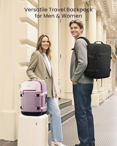 LOVEVOOK 40L Travel Backpack for Women & Men, Airline Approved Carry On Backpack with 3 Packing Cubes, TSA Personal Item Bag, Waterproof Weekender Overnight Backpack Fits 17" Laptop - color: Light Pink - Purple - Black, size: Large-40L-4Pcs
