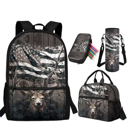 Deer USA Camo Backpack for Boys Kids Backpacks with Lunch Box Pencil Pouch and Water Bottle Holder 4PCS Set Large Capacity Elementary School Backpacks for Boys Back to School Supplies - color: Deer Usa Camo