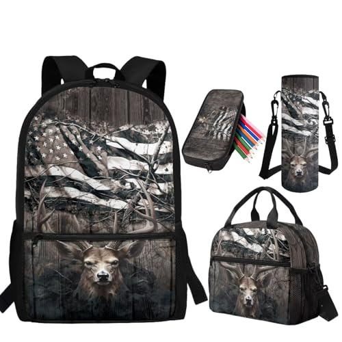 Deer USA Camo Backpack for Boys Kids Backpacks with Lunch Box Pencil Pouch and Water Bottle Holder 4PCS Set Large Capacity Elementary School Backpacks for Boys Back to School Supplies - color: Deer Usa Camo
