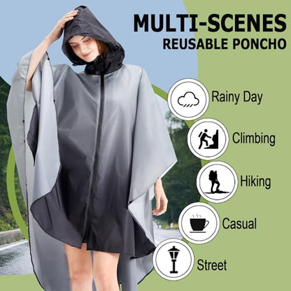 Fashion Hooded Rain Poncho Waterproof Raincoat Jacket with pocket for Women/Men/Adult - color: Gradient Gray