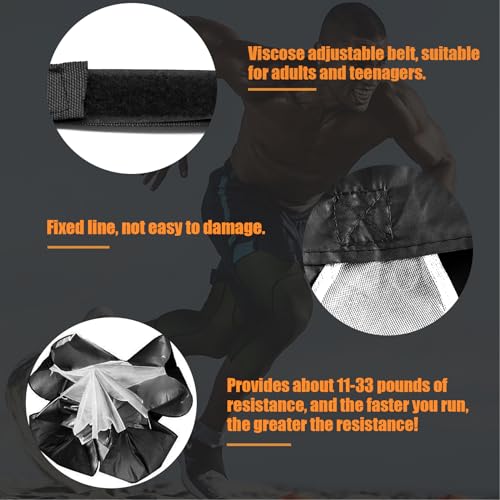 Running Parachute for Speed Training, 56 inch Resistance Parachute for Athletes, Sprinting & Football Training Equipment with Adjustable Waist Belt, Drag Chute to Improve Velocity & Explosive Power - color: Black-Velcro belt
