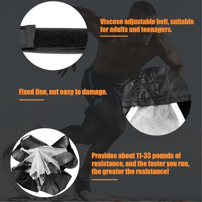 Running Parachute for Speed Training, 56 inch Resistance Parachute for Athletes, Sprinting & Football Training Equipment with Adjustable Waist Belt, Drag Chute to Improve Velocity & Explosive Power - color: Black-Velcro belt