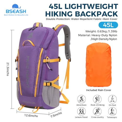 Bseash 45L Waterproof Hiking Camping Backpack with Rain Cover, Outdoor Sport Travel Bag Daypack for Climbing Skiing Cycling (Purple) - color: Purple