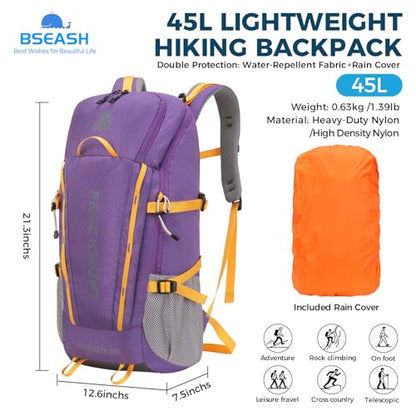 Bseash 45L Waterproof Hiking Camping Backpack with Rain Cover, Outdoor Sport Travel Bag Daypack for Climbing Skiing Cycling (Purple) - color: Purple
