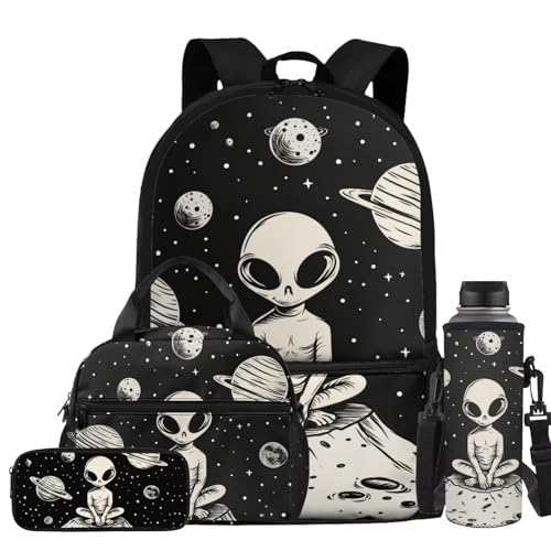 Alien Backpack for Boys 6-8 Kids Backpack for School Boys Bookbag with Lunch Box Water Bottle Holder Pencil Case 4PCS Set Teen Backpacks for Kindergarten Primary School Bag with Handle - color: Alien