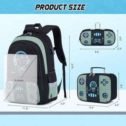 Bevalsa Backpack for School Boys, Cool Luminous Gamer Boys Schoolbag with Lunch Box & Pencil Case Set for Kids Teens Elementary Middle School, Bookbag Glow In The Dark(Green Backpack) - color: Green, style: Backpack