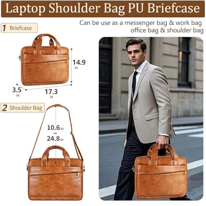 Faux Leather Messenger Bag for Men 17.3 Inch: Laptop Bag Briefcase Computer Handbags Shoulder Crossbody Bag with Padded Laptop Sleeve for Work College Travel, PU Brown - color: Pu Brown
