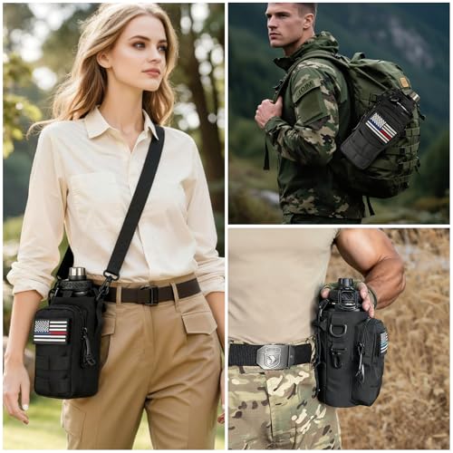 Water Bottle Holder with Strap - Tactical Insulated Water Bottle Sleeve with MOLLE System Water Bottle Cover Cross-Body Pouch for Walking Hiking Camping Gym 32oz&40oz - color: All Black