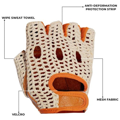 Real Soft Leather Crochet Net Fingerless Driving Weight Training Cycling Wheelchair Gloves W-1037 - color: Tan/White, size: X-Large