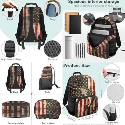 3 in 1 Backpack Set for Boys Girls USA Flag Fish 17 Inch Lager Capacity Bookbags School 3PCS Backpack with Lunch Box and Pencil Case - color: Usa Flag Fish