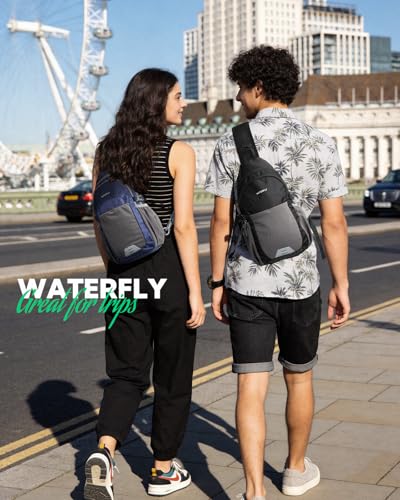 WATERFLY Packable Crossbody Sling Bag: Small Lightweight Travel RFID Blocking Sling Daypack with Water Bottle Holder - Shoulder Chest Bag Backpack for Women Men Hiking Traveling Theme Parks - color: Black