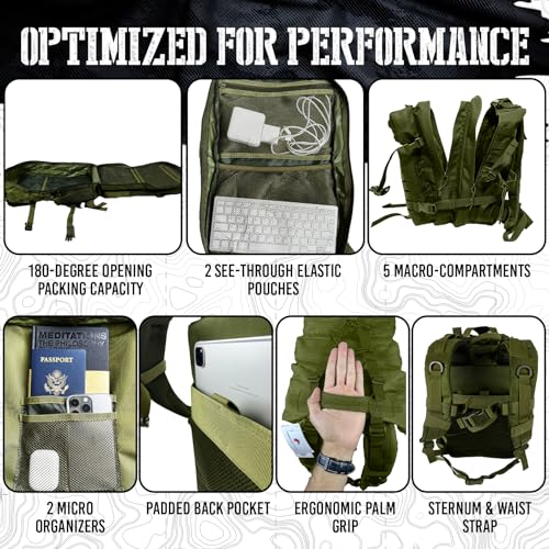 AMERICANPHOENIX 45L Elite Tactical Backpack | 3X Stronger Work & Military Backpack | Water Resistant and Heavy Duty | 3 Day MOLLE Bug Out Bag (Olive Green) - color: Olive Green