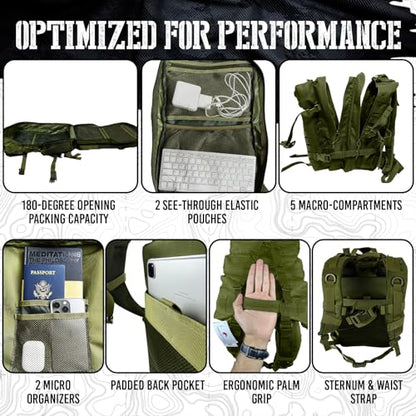AMERICANPHOENIX 45L Elite Tactical Backpack | 3X Stronger Work & Military Backpack | Water Resistant and Heavy Duty | 3 Day MOLLE Bug Out Bag (Olive Green) - color: Olive Green