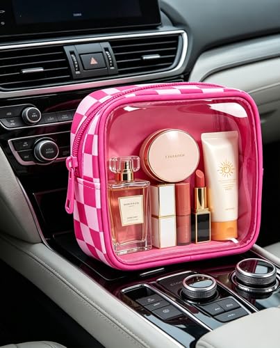 Clear Checkered Makeup Bag, Small Cosmetic Pouch with Zipper Mini Waterproof Makeup Purse Organizer Cute Cosmetic Bag Travel TSA Approved Toiletry Bag Car Organizer for Women Girls (Rose) - color: Rose