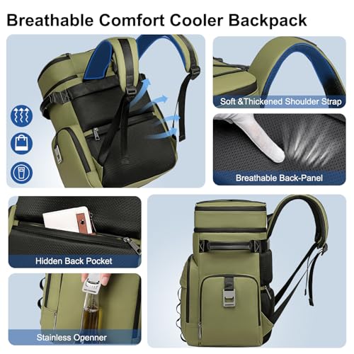 Weitars Insulated Cooler Backpack,Double Deck Waterproof Soft Cooler Bag,Backpack Coolers Leak Proof Lunch Backpack for Men Women for Travel,Camping,Picnic,Beach,Picnic,Outdoor 31L/52 Can - color: Green