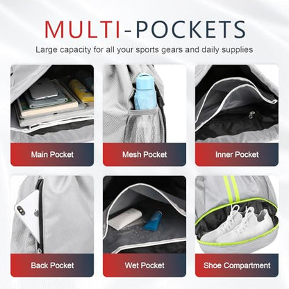 PinCute Drawstring Backpack for Women Men, Gym Bag for Soccer, Basketball, Swim, Beach, Water-Resistant Sports Backpack with Wet Pocket and Shoe Compartment, Grey - color: Grey