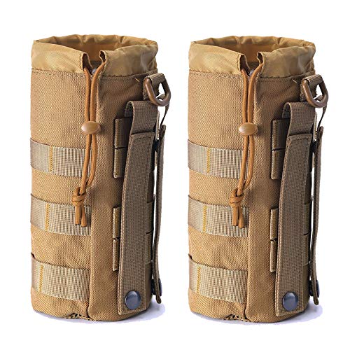 Upgraded Sports Water Bottles Pouch Bag, Tactical Drawstring Molle Water Bottle Holder Tactical Pouches, Travel Mesh Water Bottle Bag Tactical Hydration Carrier - color: Tan-2Pack