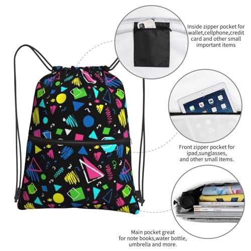 JOOCAR 80s 90s Drawstring Bag Restro Backpack Draw String Bags Waterproof Lightweight Sports Gym Beach Sackpack Zipper Pocket for Men Women - color: B12