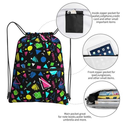 JOOCAR 80s 90s Drawstring Bag Restro Backpack Draw String Bags Waterproof Lightweight Sports Gym Beach Sackpack Zipper Pocket for Men Women - color: B12
