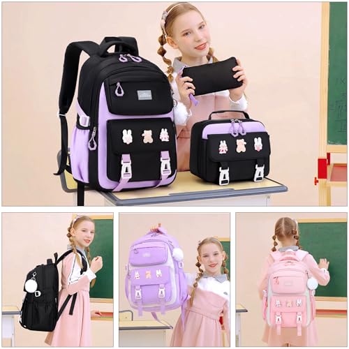 DIGOBAY 3PCS Girls Backpack for School, Kids Backpack for Girls with Lunch Box Pencil Case Set for Teen Girl Elementary Primary Middle High College School Bookbag with Cute Pins (Black-Purple) - color: Black-purple
