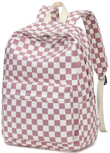 Bluboon School Backpack for Teen Girls Bookbags Elementary High School Corduroy Laptop Bags Women Travel Daypacks - color: Grapes Purple White Checkered 1