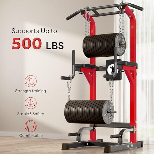 SogesPower Power Tower Pull Up Dip Stand Multi-Function Adjustable Height Workout Equipment Dip Station Fitness Strength Training for Home Gym 330LBS - color: Red