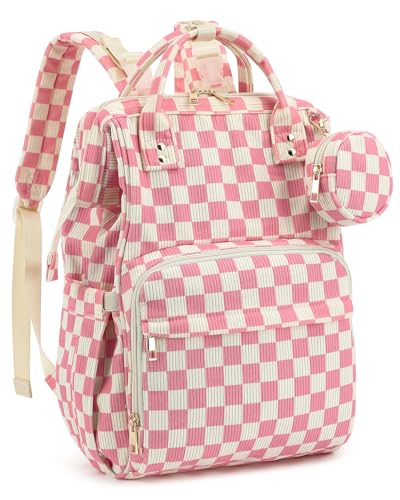 Corduroy Diaper Bag Backpack, Large Capacity Multifunction Baby Diaper Bags for Women, Insulated Bottle Pockets & Pacifier Case, Stylish Travel Nappy Changing Bags for Mom Dad (Checkered Pink) - color: Corduroy Checkered Pink