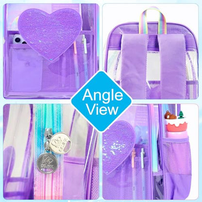 gxtvo 3PCS Transparent Backpack Heavy-Duty Set for Women & Teen Girls, 17" See Through Bookbag with Rainbow Strap, Purple Sequins Clear School Bag - color: Purple Sequins Clear Backpack Set