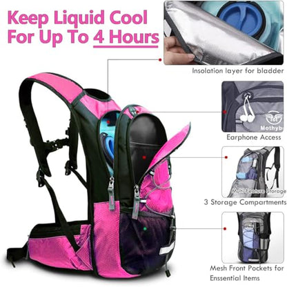Mothybot Hydration Pack, Insulated Hydration Backpack with 2L BPA Free Water Bladder and Storage, Hiking Backpack for Men, Women, Kids for Running, Cycling, Camping - Keep Liquid Cool up to 5 Hours - color: Pink