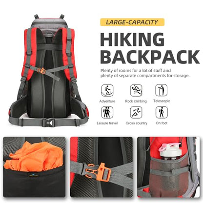King'sGuard 60L Hiking Backpack for Men and Women Lightweight Camping Hiking Backpack with Rain Cover Large Waterproof Travel Backpack Backpacking Pack (Red) - color: Red