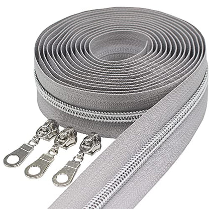 MebuZip #5 Silver Metallic Nylon Coil Zippers by The Yard Bulk Coil Zipper Roll 10 Yards with 25pcs Pulls for DIY Sewing Craft Bags (Grey) - color: Silver Grey