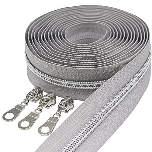 MebuZip #5 Silver Metallic Nylon Coil Zippers by The Yard Bulk Coil Zipper Roll 10 Yards with 25pcs Pulls for DIY Sewing Craft Bags (Grey) - color: Silver Grey