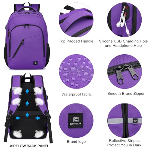 CAFELE Laptop Backpack 17.3 Inch Computer Backpack Daypack Water-Repellent Laptop Bag with USB Charging Port for Business/School/Travel/Women/Men (Purple, 17.3 Inches) - color: Purple