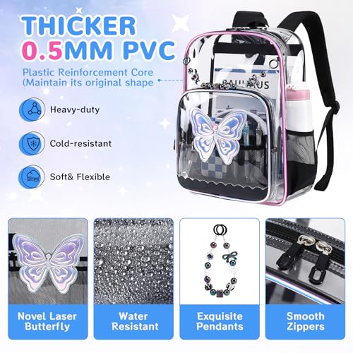 MUSEVOS Clear Backpack, Heavy Duty Clear Bookbag for School PVC Transparent Backpack for Kids Girls Women, Black Butterfly - color: Black