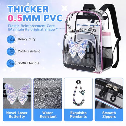 MUSEVOS Clear Backpack, Heavy Duty Clear Bookbag for School PVC Transparent Backpack for Kids Girls Women, Black Butterfly - color: Black