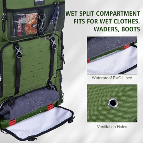 Goture Fishing Backpack with Cooler, 72L 600D Tackle Backpack Included 4 3700 Tackle Boxes, Dry & Wet Split Compartment, Large Fishing Tackle Bag with Rod Holders,Rain Cover for Travel Camping Hiking - color: A2:Green with 4 3700 Tackle Boxes