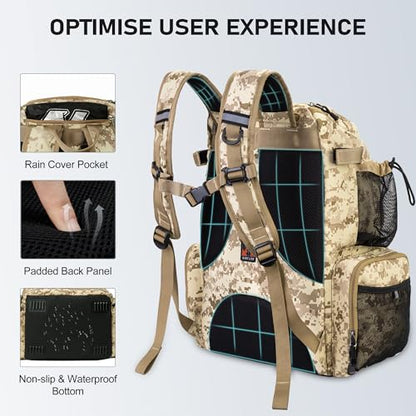 N NEVO RHINO Fishing Tackle Backpack with Rod Holders, 40L Large Fishing Bag with Waterproof Rain Cover,Outdoor Tackle Bag - color: Camouflage Yellow Pack with 4 Trays, size: Pack with 4 Trays