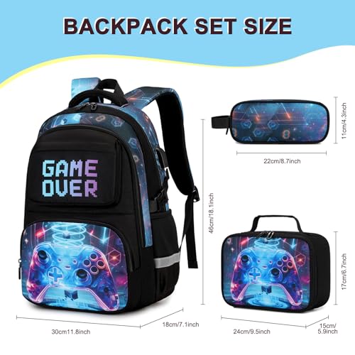 3PCS School Backpack for Boys, Cool Gamer Boys Backpack with Lunch Box and Pencil Case for Kids Kindergarten Teens Elementary Middle School Bag with Convenient Charging Port,Gaming Bookbag Waterproof - color: Sci-fi Realism