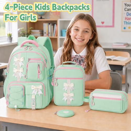 Girls Backpack with Lunch Box Set, 4 PCS Cute Kawaii School Bookbag for Elementary Girls, Green Aesthetic Large Laptop Backpack for Kids & Teens - color: Green