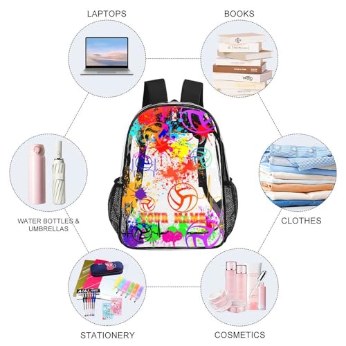 Custom Volleyball Clear Backpack Heavy Duty for Girls Kids Boys | Large Cool PVC Volleyball Theme Printing Transparent Backpacks for Schools Stadium Concerts Work - Clear/Black - color: Volleyball Clear Backpack 1 Black Custom